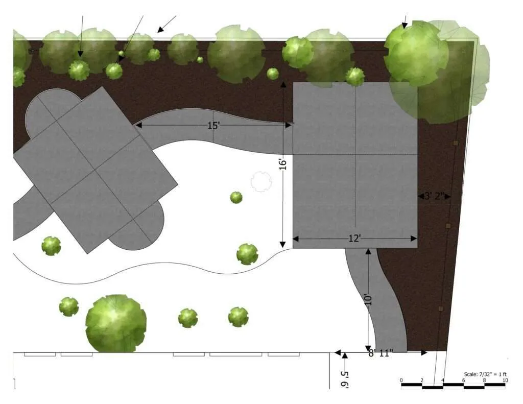 Overhead landscape design plan showing patio, lawn area, and trees with measurements and scale