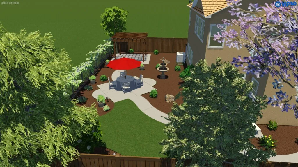 Aerial view of backyard landscape design with patio, red umbrella, seating area, and flowering plants