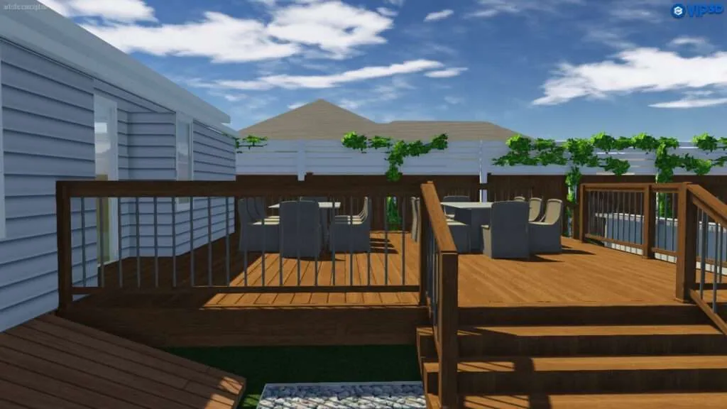 Rooftop deck with wooden railings, outdoor furniture, climbing vines, and blue sky with clouds above modern building