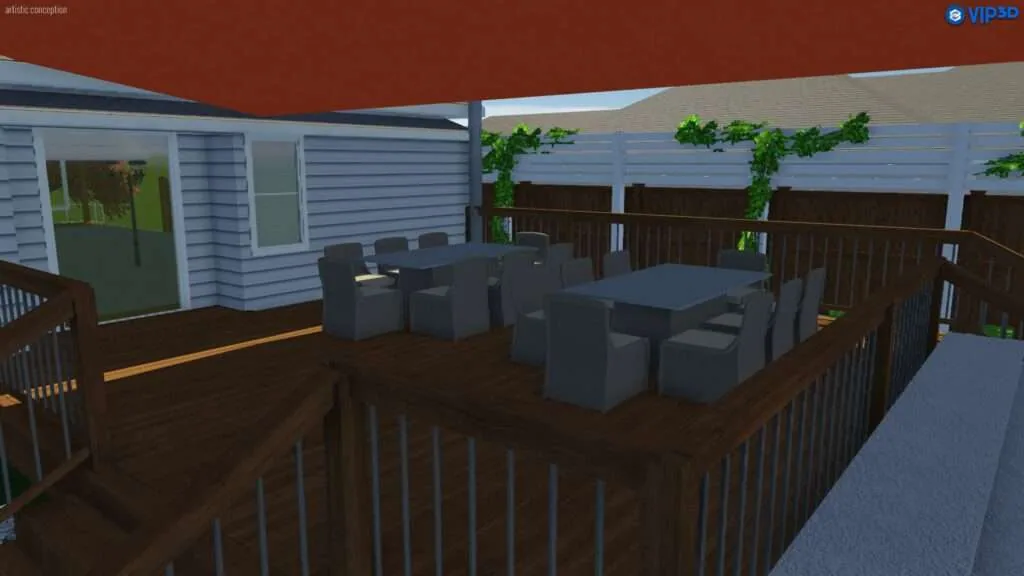 3D rendered outdoor deck with dining furniture, lounge seating, wooden railings, and potted plants under a red shade structure