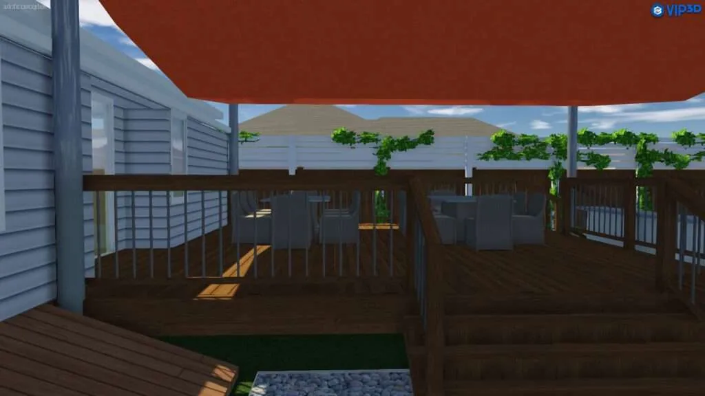 Elevated wooden deck with red awning, white siding house, water view, and climbing vines on railing