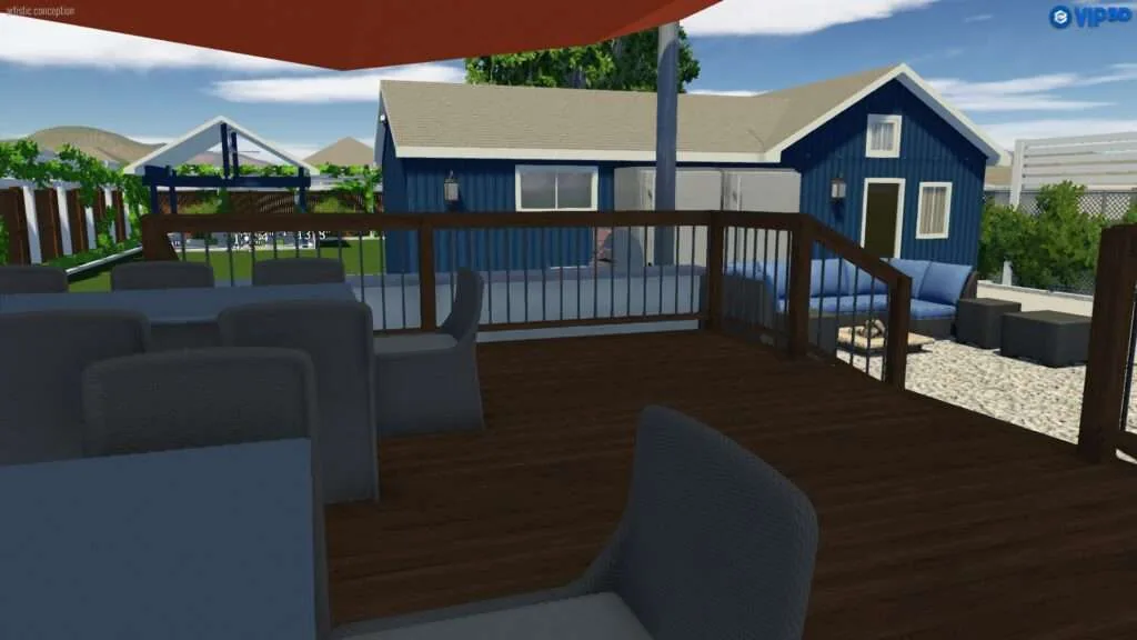 Deck with blue seating furniture overlooking blue house with metal railings and awning in residential setting