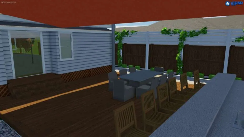 3D rendering of modern home interior with dining area, blue-gray walls, wooden flooring, and green plant accents
