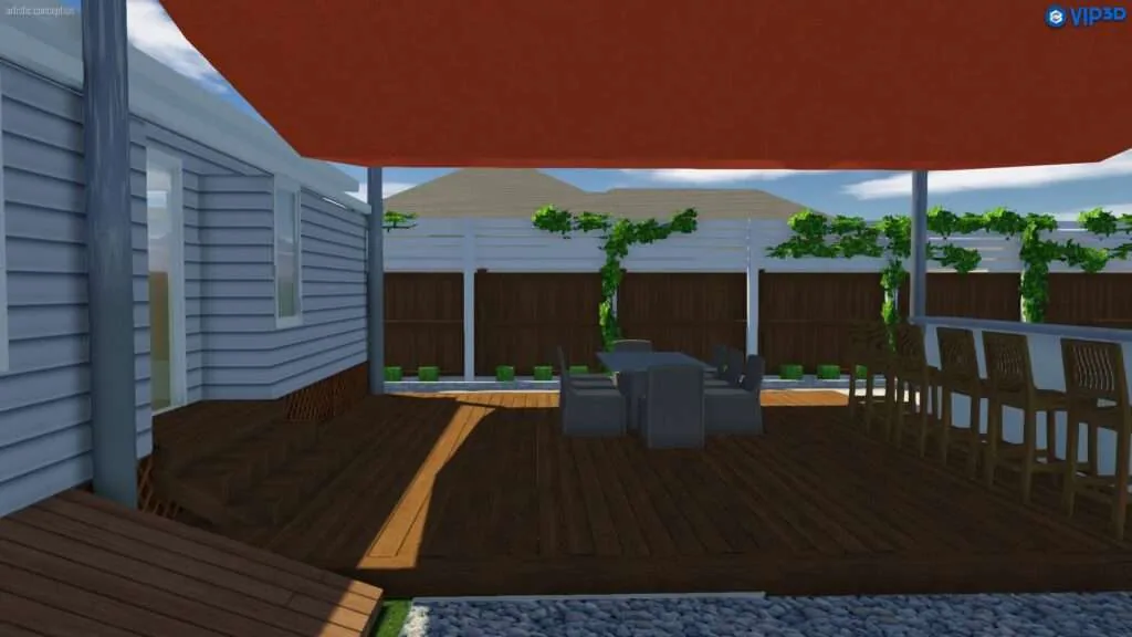 Covered deck with dark wooden flooring, dining furniture, climbing vines, and red retractable awning overlooking water view
