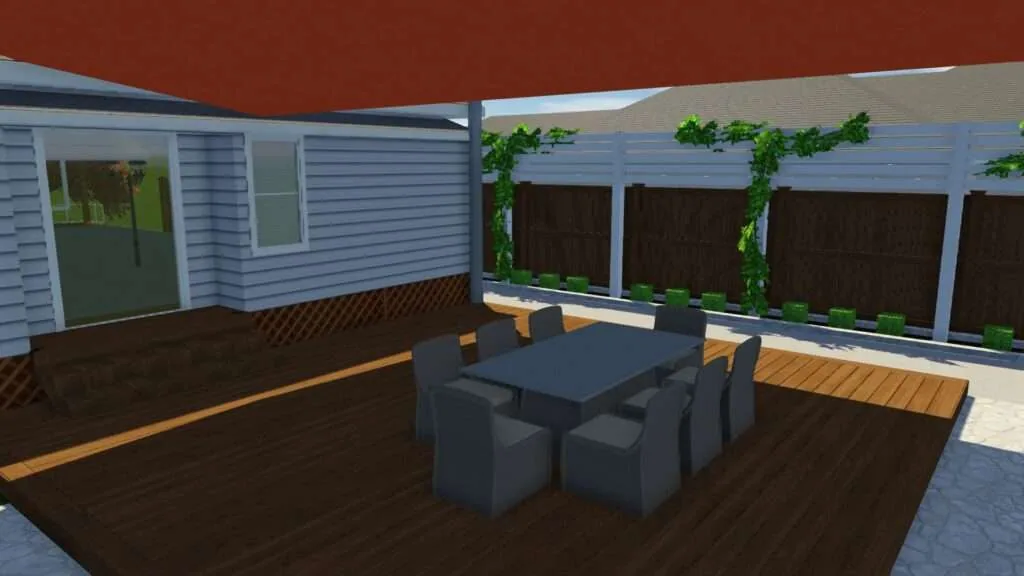 Modern patio area with dining table, blue shade sails, and climbing vines on privacy screens, featuring blue siding building and wooden deck