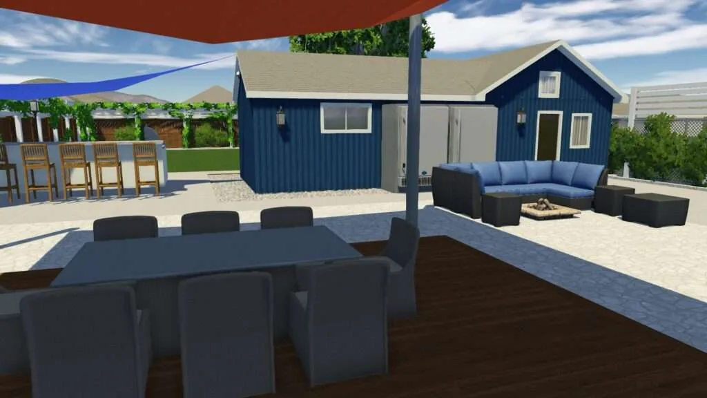 Backyard rendering with dark dining table under red umbrella, blue seating area, navy cottage-style house, and wooden deck with mountain views