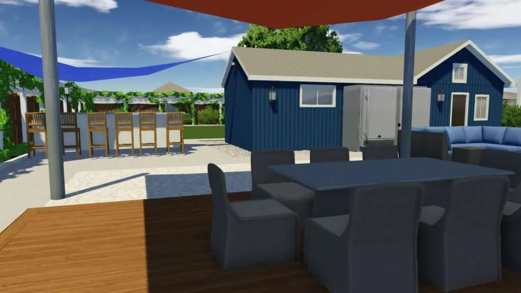 3D rendering of backyard with dark blue dining table, covered patio, sandy area with lounge chairs, and navy blue cottage-style buildings