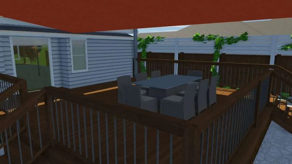 3D rendering of a covered deck with dining table, chairs, wooden railings, and blue siding house