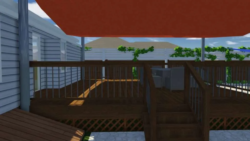Covered wooden deck with red awning, white siding, railing, and water view in background