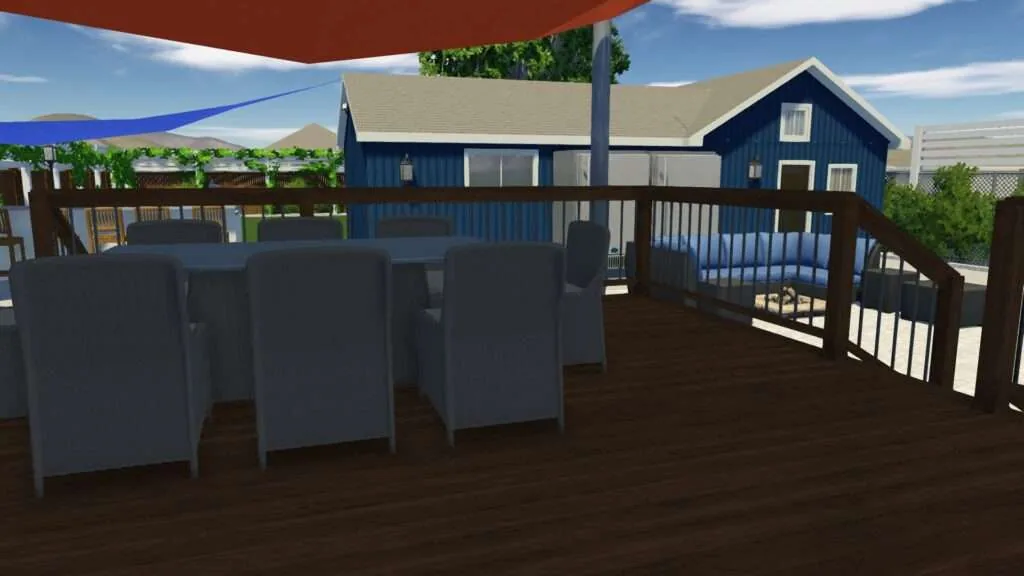 3D architectural rendering of a blue house with deck, outdoor dining setup, shade umbrellas, and landscaped surroundings