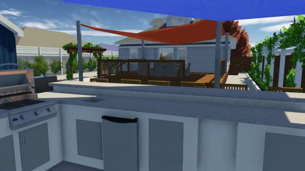 Modern rooftop terrace with outdoor kitchen, red shade sail, lounge seating, and surrounding residential buildings