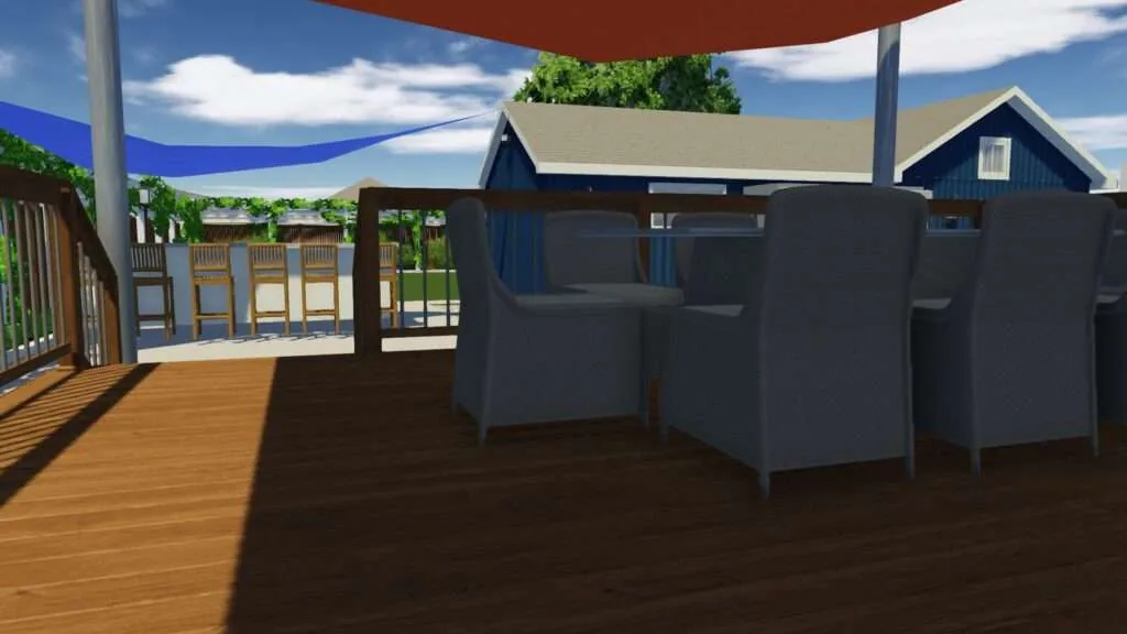 Residential backyard rendering with wooden deck, blue shade structure, dark cabinets, and houses in background under blue sky