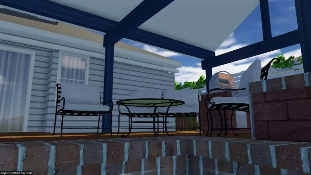 Covered patio with black metal chairs and table overlooking a brick wall, with blue sky and residential buildings visible