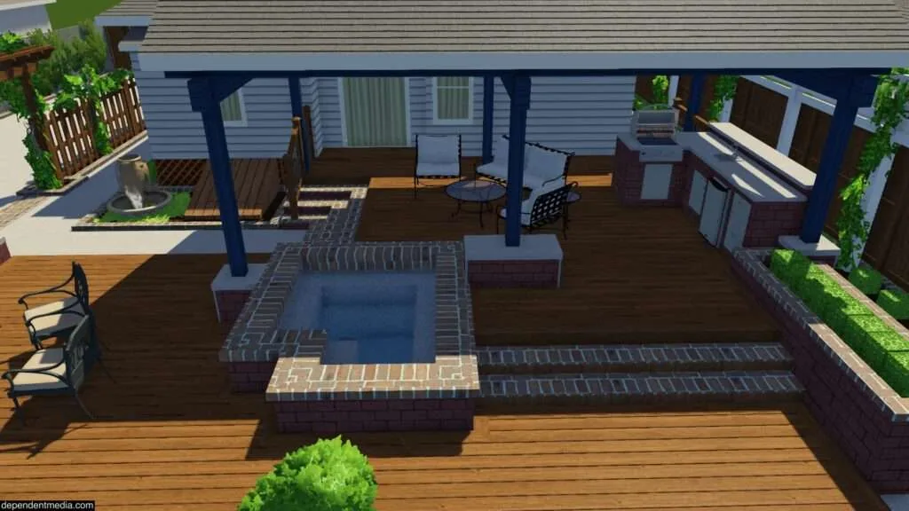 Overhead view of backyard patio design with wooden decking, pergola, brick fire pit, and seating areas adjacent to residential home