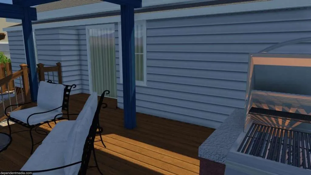 Covered patio with dark blue posts, white cushioned chairs, dining table, and grill against blue siding exterior