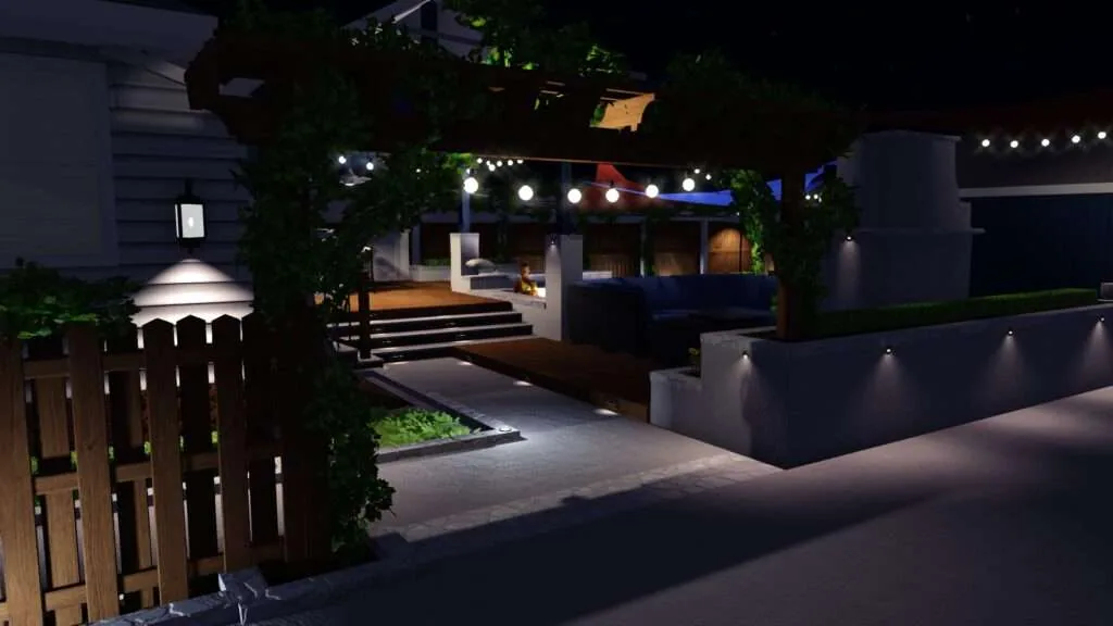 Modern outdoor patio at night with ambient lighting, concrete seating areas, climbing vines, and architectural lighting design