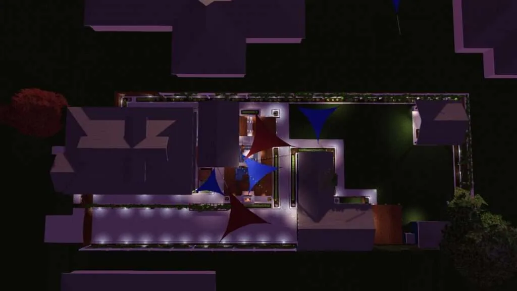 Aerial view of modern residential floor plan with purple and blue accent lighting, open-concept interior spaces, and contemporary furnishings at night.