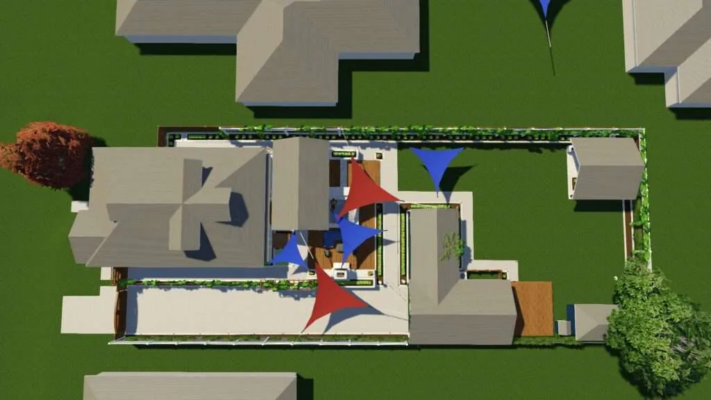 Aerial view of residential property with modern house, geometric roof design, and surrounding green lawn with landscaping