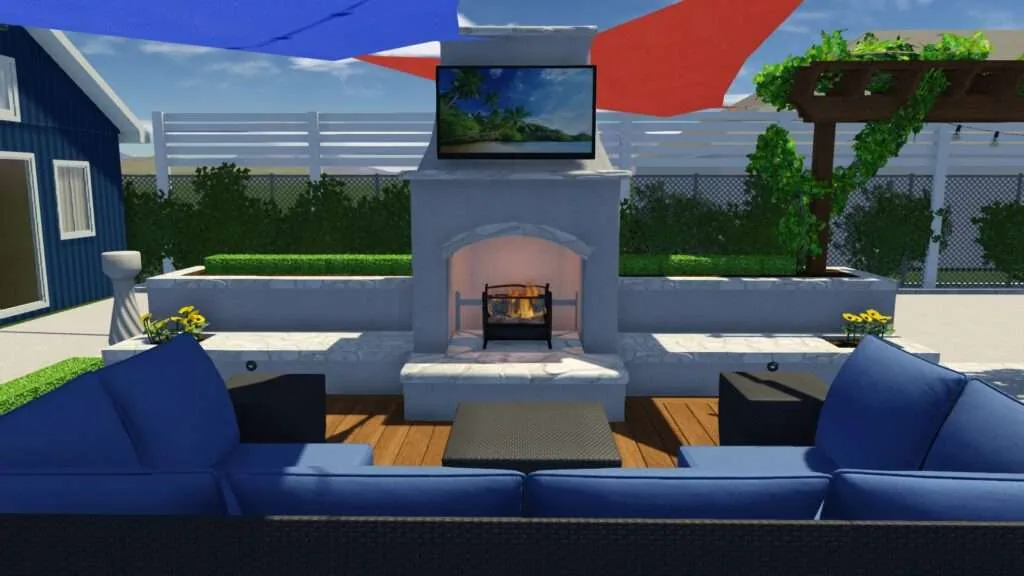 Modern backyard patio with blue outdoor seating, fireplace with TV mounted above, wooden deck, and geometric red and blue overhead structures