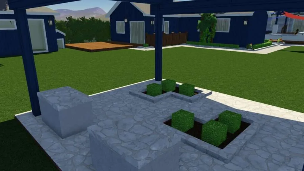 Modern patio with gray stone flooring, dark blue pergola, and manicured green landscaping beside residential buildings