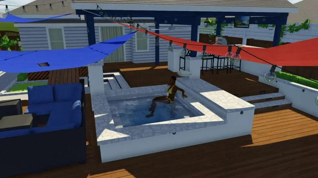 Backyard design rendering with swimming pool, wooden deck, blue and red shade structures, lounge seating, and modern pergolas