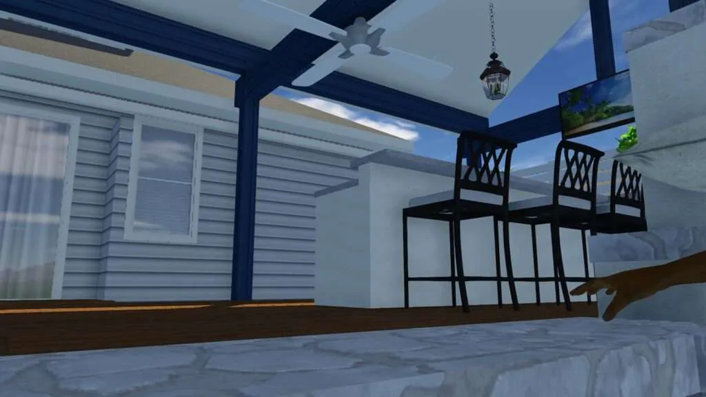 Modern patio with dark beam pergola, black bar stools, white doors, and mountain landscape mural on wall