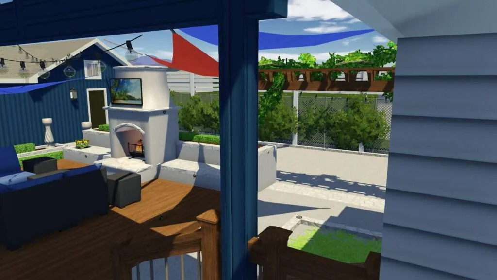 3D rendering of a modern home interior with blue accents, fireplace, and patio view with greenery and fence