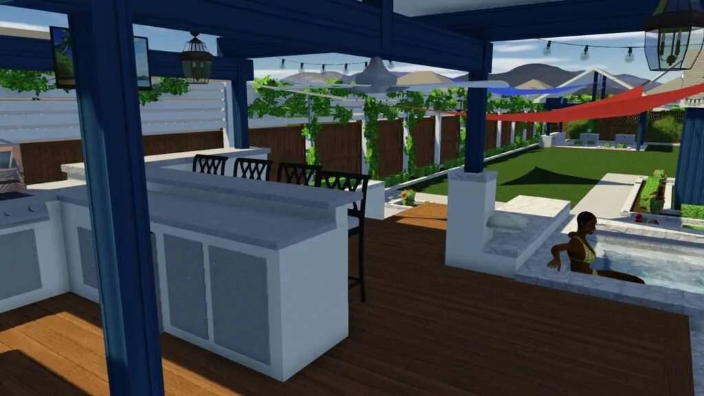 Modern backyard with blue pergola, white kitchen island, wooden deck, pool, green lawn, and landscaped fencing