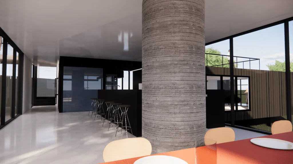 Modern open-plan interior with large cylindrical concrete column, orange dining table, beige chairs, black kitchen island, and floor-to-ceiling windows