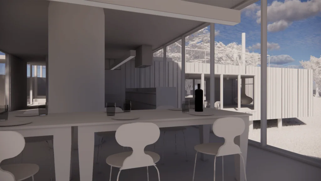 Modern minimalist interior with dining counter, contemporary chairs, and expansive windows overlooking architectural landscape with mountains