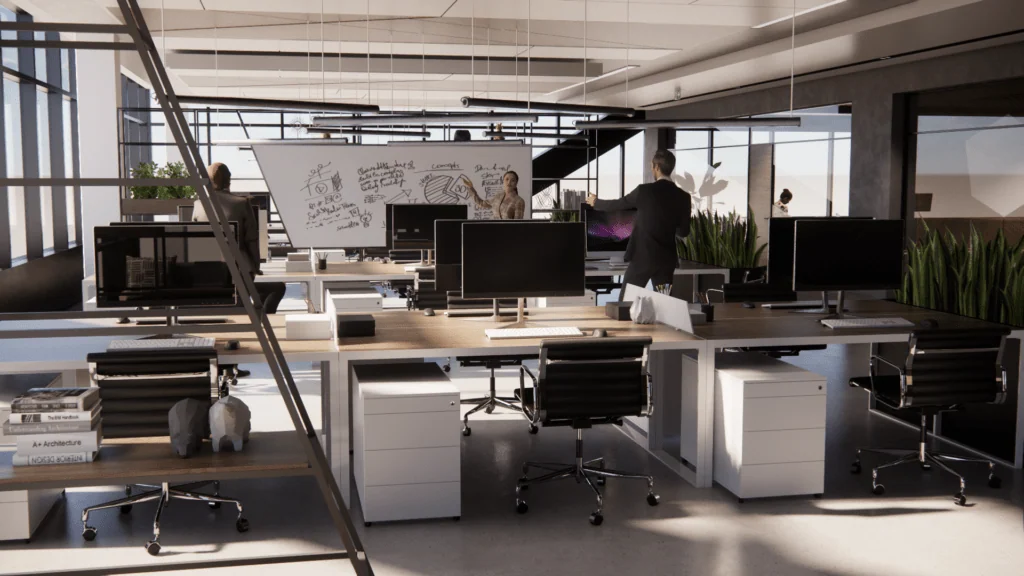 Modern office space with wooden desks, computer monitors, black chairs, and large windows overlooking a landscape.