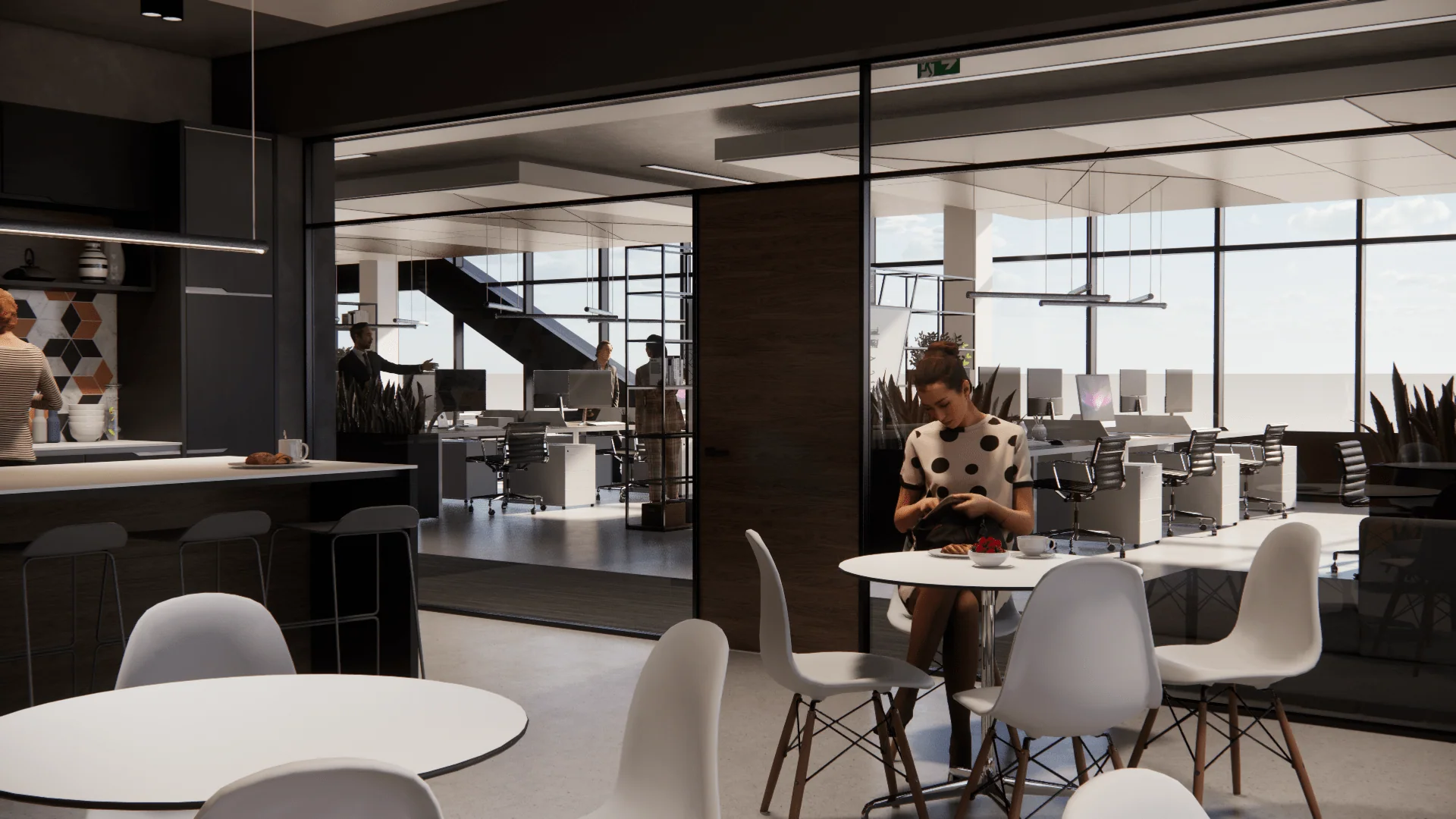 Modern office break room with white round tables, gray chairs, and floor-to-ceiling windows overlooking a workspace with desks and plants