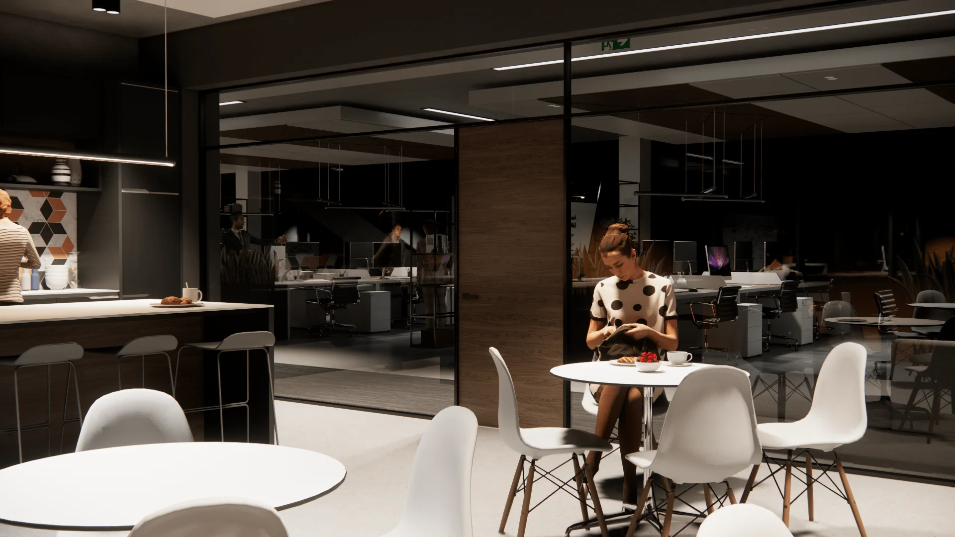 Modern office break room with white round tables, white chairs, and glass partitions separating collaborative work spaces