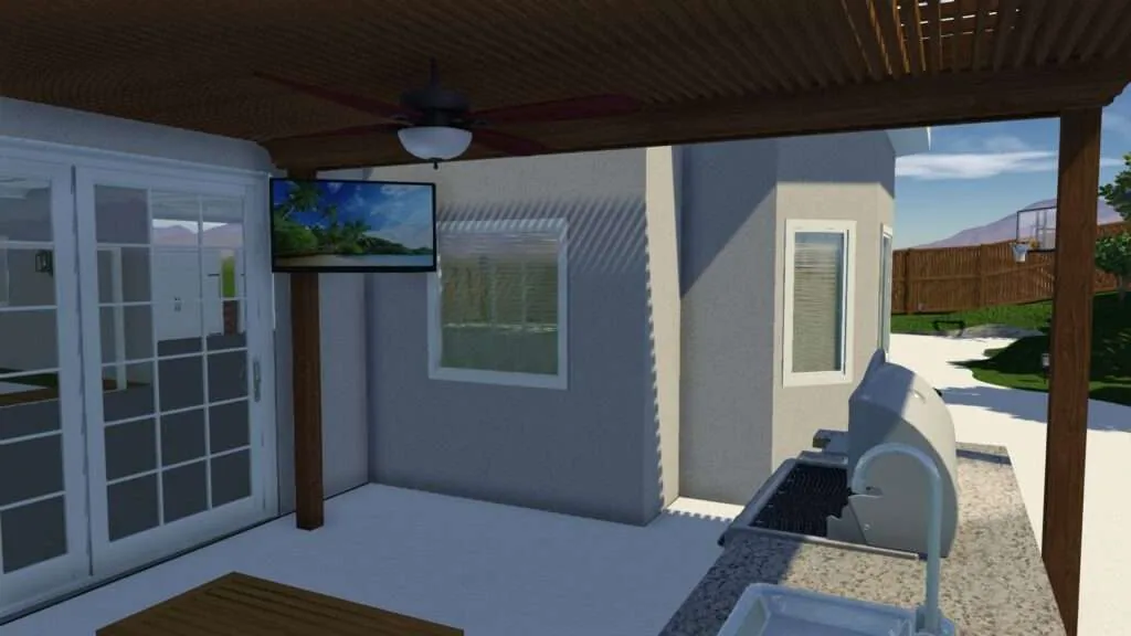 3D rendered covered patio area with ceiling fan, outdoor furniture, and view of residential home exterior with driveway