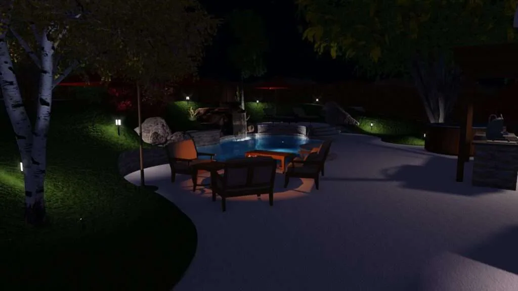 Nighttime backyard patio with illuminated pool, seating area with chairs around a fire pit, manicured landscaping, and ambient lighting in trees