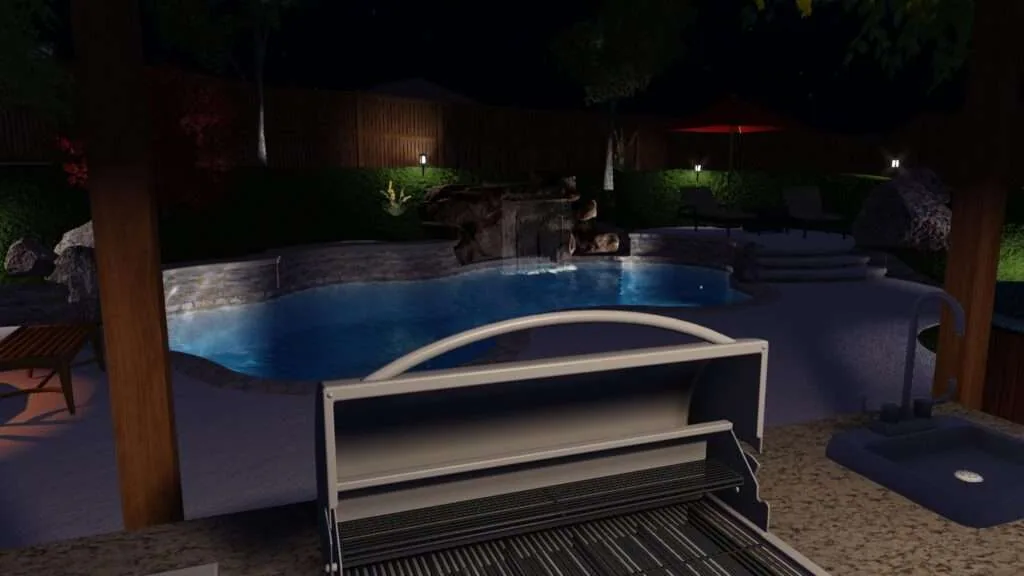 Nighttime backyard pool area with wooden pergola, illuminated blue swimming pool, and outdoor furniture on sandy ground
