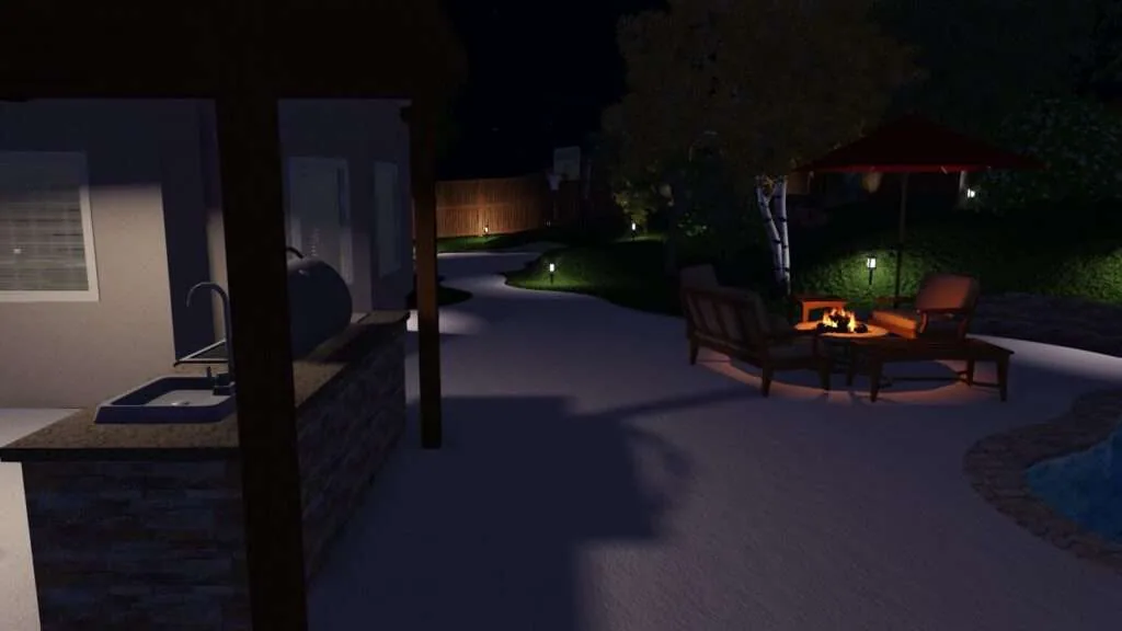 Nighttime backyard patio with seating area, fire pit, landscape lighting, and pool edge visible