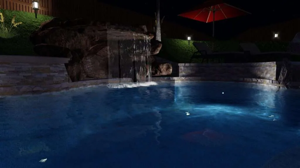 Illuminated swimming pool at night with waterfall feature, stone walls, red umbrella, and lounge chairs