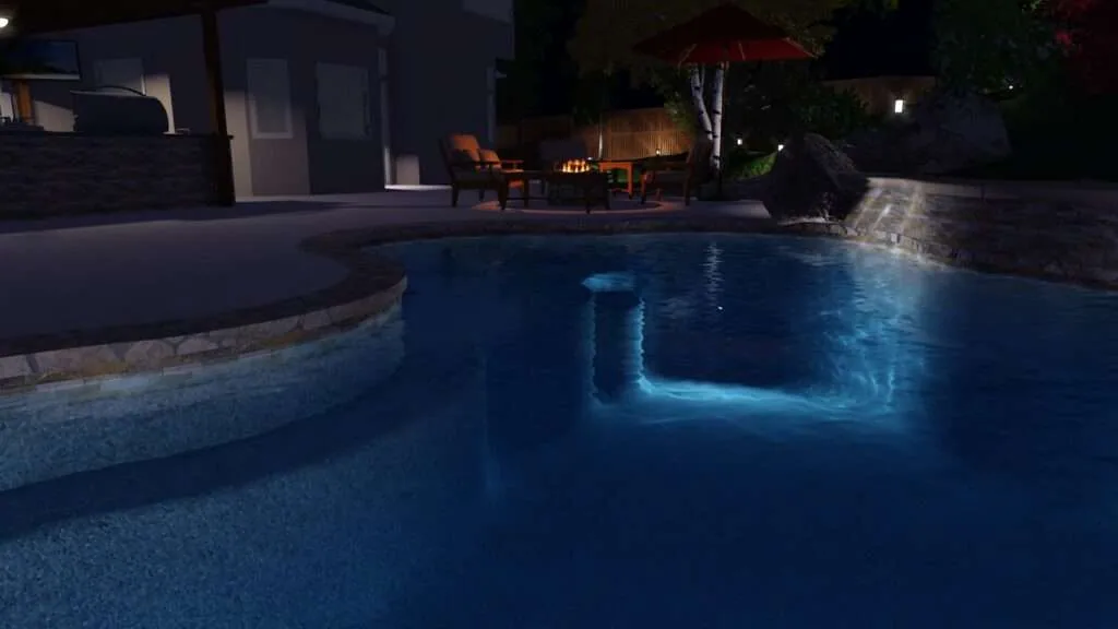 Nighttime backyard pool with glowing blue water feature and spa, wooden lounge chairs visible near modern house