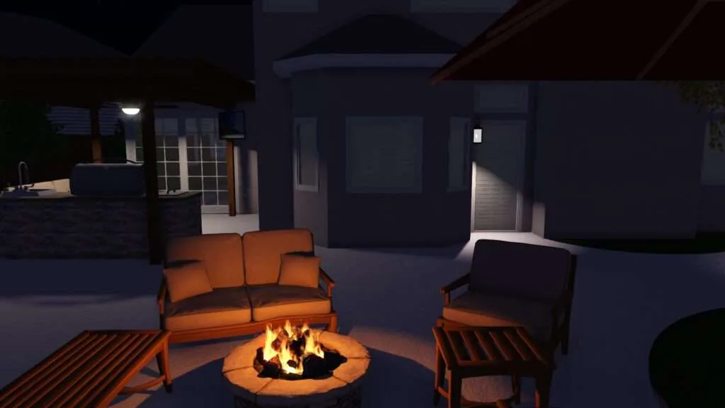 3D rendered patio at night with orange sofa and chair arranged around a lit fire pit, modern home with glass doors in background
