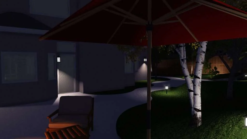 Modern backyard at night with red umbrellas, lounge chairs, illuminated birch trees, and architectural lighting on contemporary house