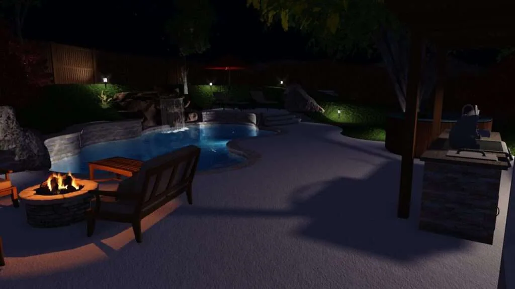 Backyard pool and patio at night with illuminated swimming pool, fire pit with seating, outdoor furniture, and landscape lighting