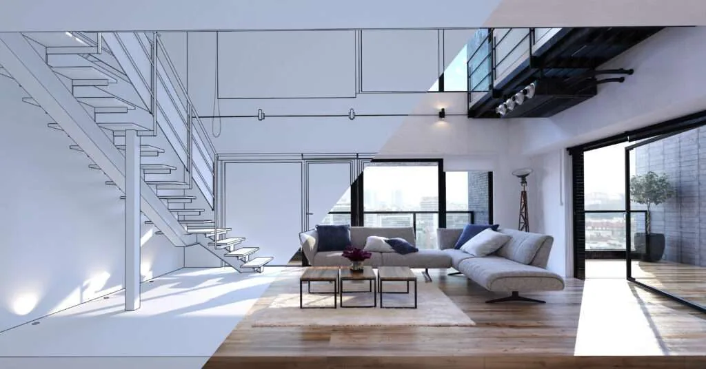 Modern loft interior with floating staircase, gray sofa, wooden floors, and floor-to-ceiling windows with city views.
