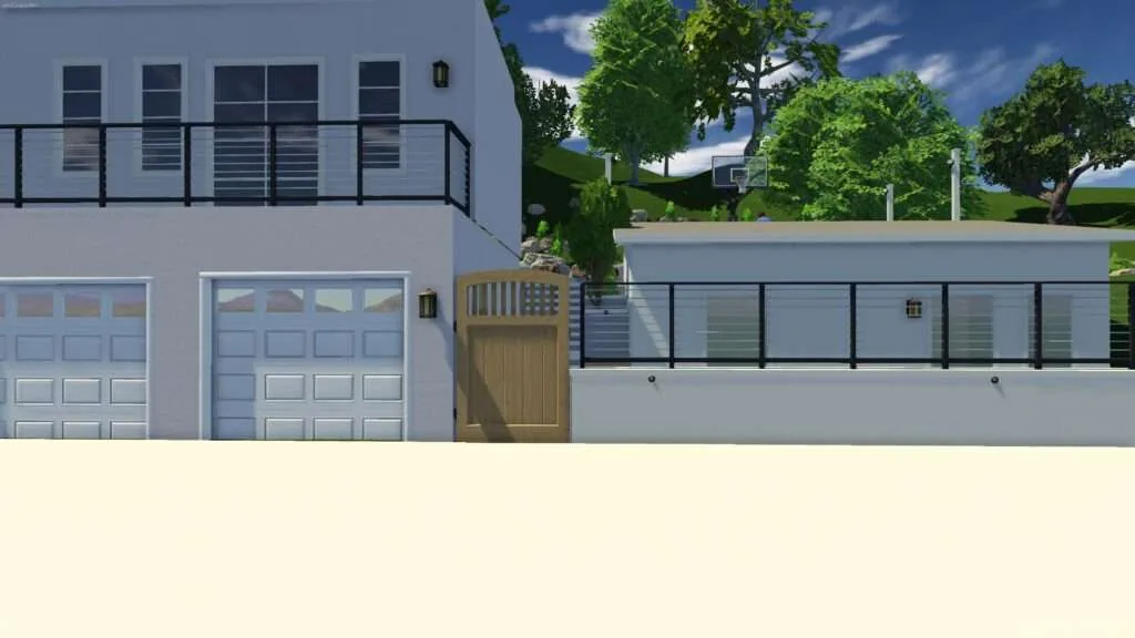Modern white house with two-car garage, metal railing balcony, wooden gate, and lush green landscaping under blue sky