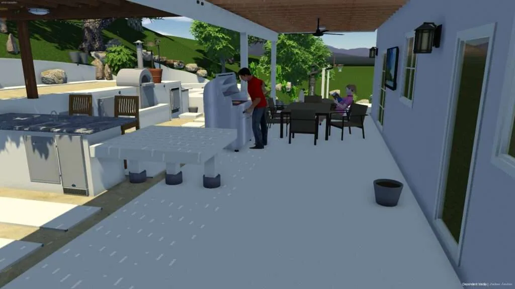 Digital rendering of a modern backyard patio with kitchen area, dining table, seating lounge, and green landscaping backdrop