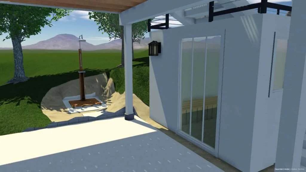 Modern patio with glass doors, black pergola, and view of fire pit in yard with mountain landscape beyond