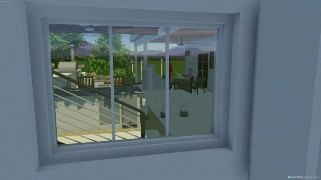 Large window with glass doors overlooking a modern home patio and deck with pergola