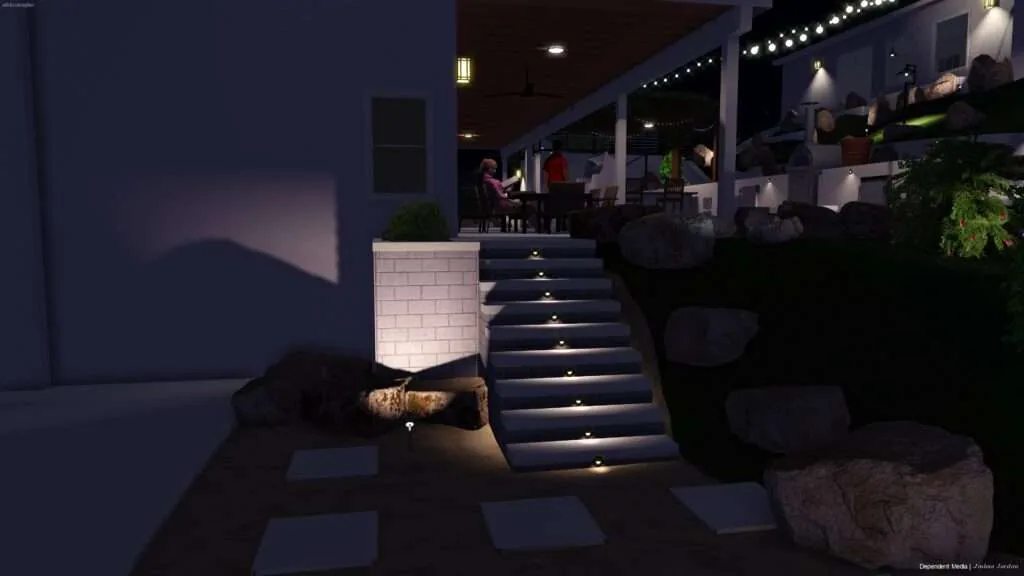 Modern outdoor patio at night with illuminated staircase, potted plants, and people visible on upper deck under string lights