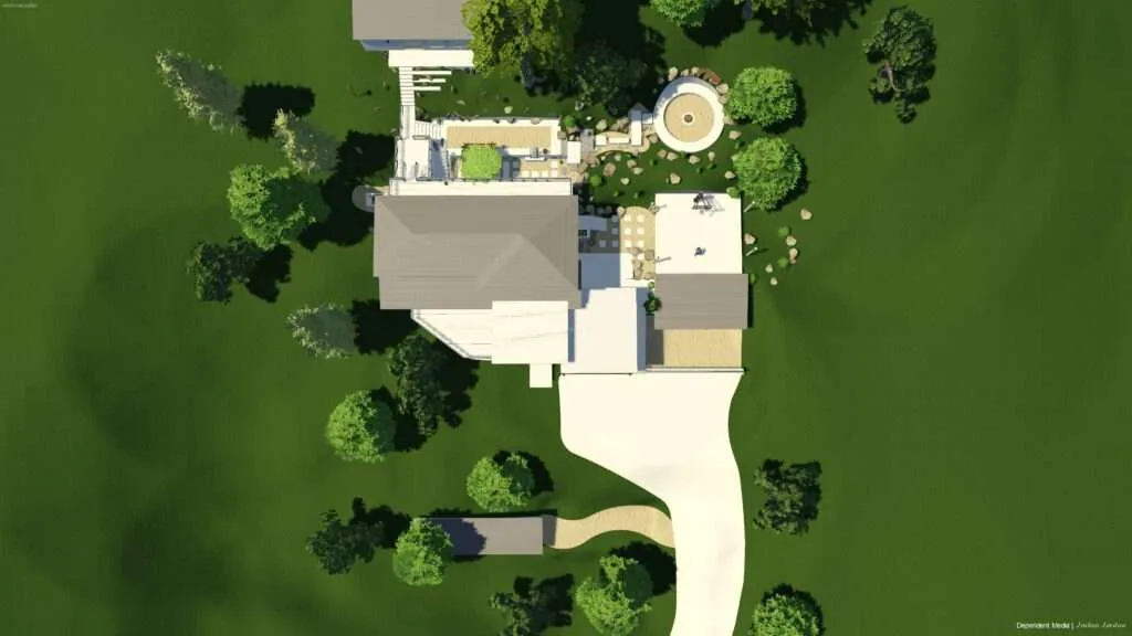 Aerial view of modern house with landscaped grounds, circular patio, connecting pathways, and mature trees on green lawn