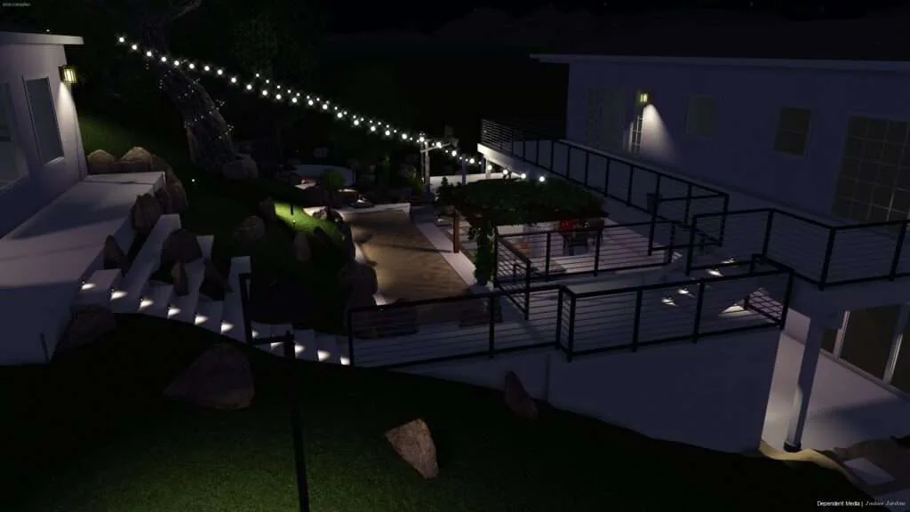 Nighttime view of illuminated modern deck and patio area with string lights, metal railings, and contemporary architecture